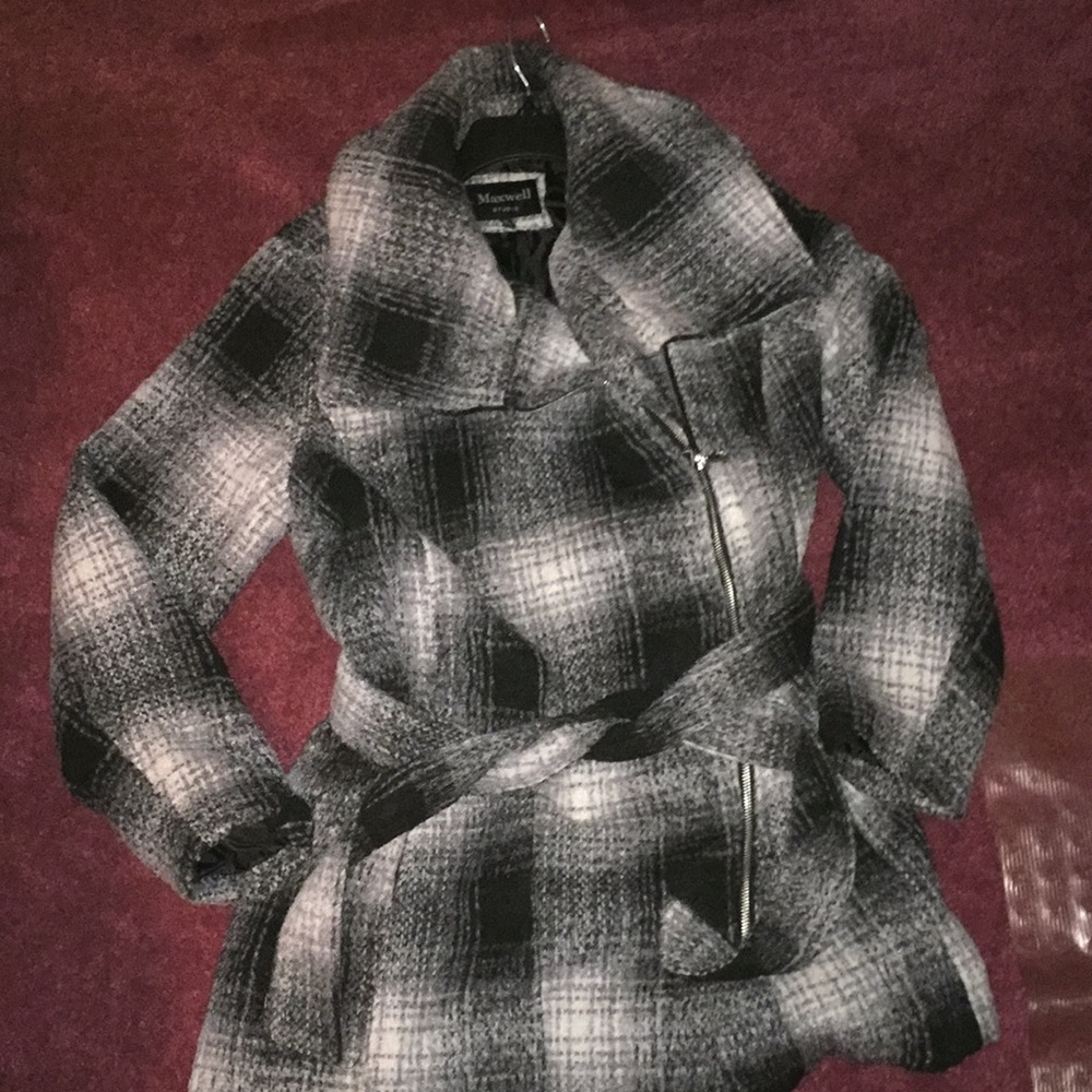 Gray and black pea coat with side zipper